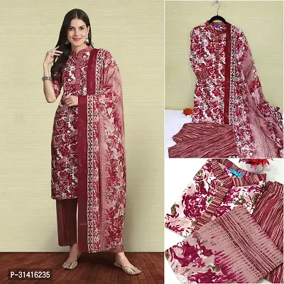 Beautiful Cotton Blend Maroon Printed Kurta Pant And Dupatta Set For Women-thumb0