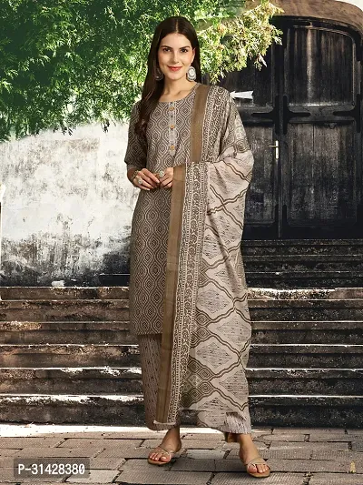 Stylish Grey Melange Cotton Blend Printed Kurta, Bottom and Dupatta Set For Women-thumb0