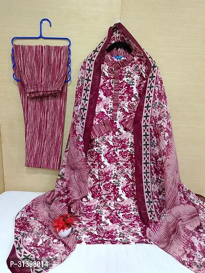 Stylish Maroon Cotton Blend Printed Kurta Bottom and Dupatta Set For Women-thumb0