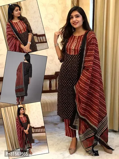 Elegant Black Printed Straight Kurta, Bottom And Dupatta Set For Women-thumb0