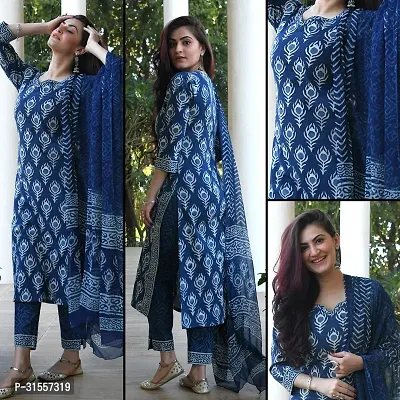 Stylish Blue Viscose Rayon Printed Kurta, Bottom and Dupatta Set For Women-thumb2