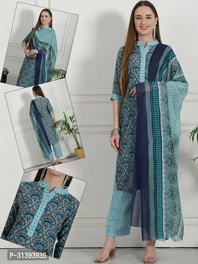 Beautiful Cotton Blend Printed Kurta Pant And Dupatta Set For Women-thumb0