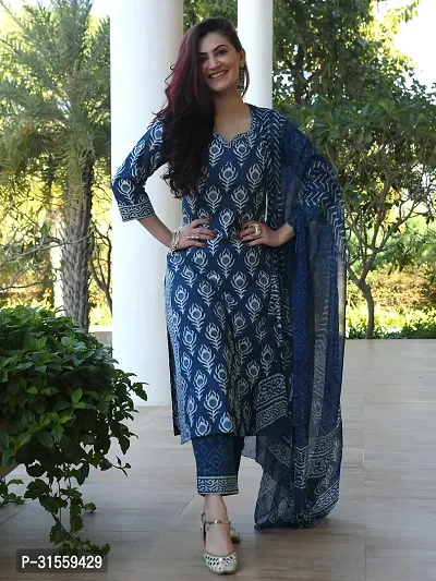 Beautiful Blue Printed Straight Kurta, Bottom and Dupatta Set For Women-thumb2