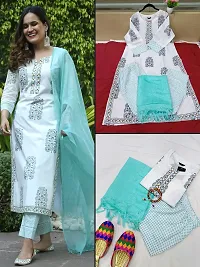 Stylish White Printed Kurta, Bottom and Dupatta Set For Women-thumb1