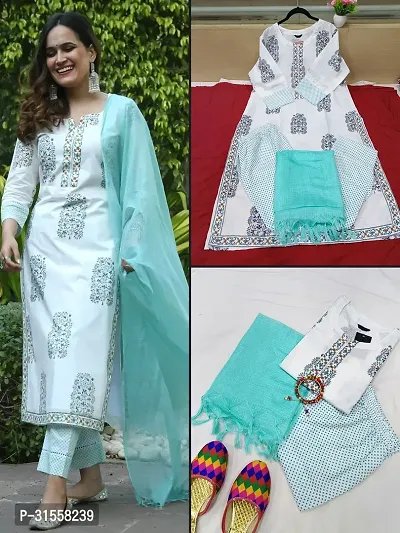 Stylish White Printed Kurta, Bottom and Dupatta Set For Women-thumb2