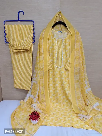 Stylish Yellow Cotton Blend Printed Kurta Bottom and Dupatta Set For Women-thumb0