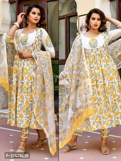 Stylish Yellow Viscose Rayon Kurta, Bottom And Dupatta Set For Women-thumb0