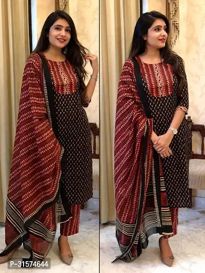 Stylish Black Viscose Rayon Kurta, Bottom And Dupatta Set For Women