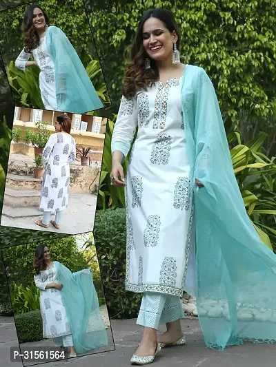 Elegant White Printed Straight Kurta, Bottom And Dupatta Set For Women-thumb0