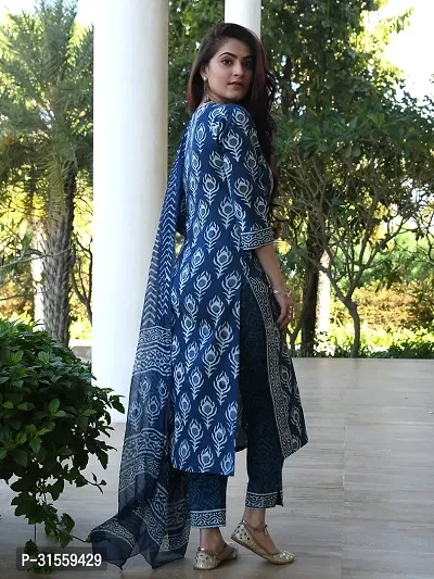 Beautiful Blue Printed Straight Kurta, Bottom and Dupatta Set For Women-thumb4