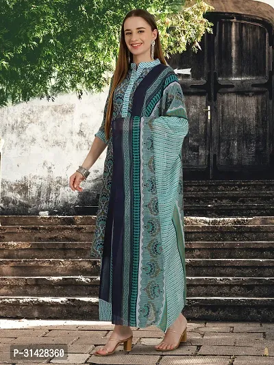 Stylish Teal Cotton Blend Printed Kurta, Bottom and Dupatta Set For Women-thumb3