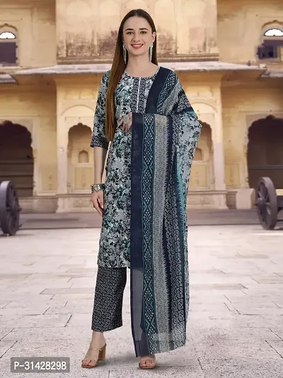 Attractive Grey Printed Cotton Blend Kurta Pant With Dupatta For Women-thumb0