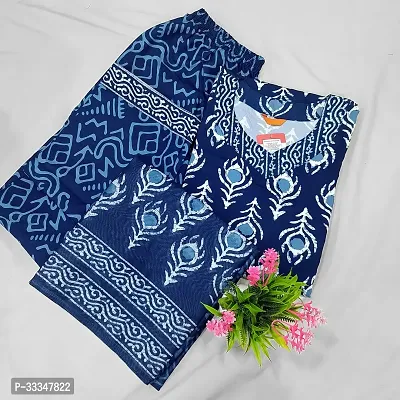 Elegant Blue Cotton Blend Block Print Straight Kurta, Bottom And Dupatta Set For Women-thumb2