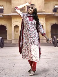 Attractive White Printed Cotton Blend Kurta Pant With Dupatta For Women-thumb2