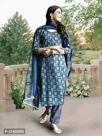 Stylish Blue Cotton Blend Printed Kurta Bottom and Dupatta Set For Women-thumb0