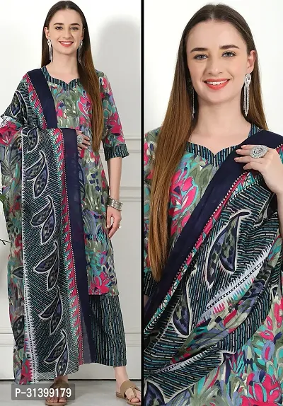 Stylish Multicoloured Cotton Blend Printed Kurta Bottom and Dupatta Set For Women-thumb0