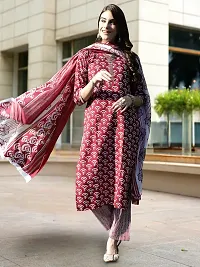 Stylish Maroon Cotton Blend Printed Kurta, Bottom and Dupatta Set For Women-thumb3