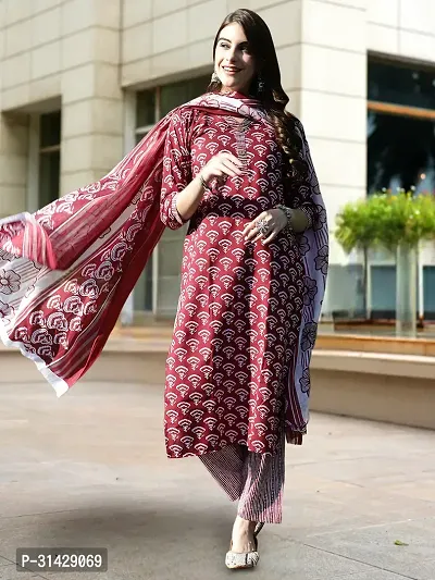 Stylish Maroon Cotton Blend Printed Kurta, Bottom and Dupatta Set For Women-thumb4