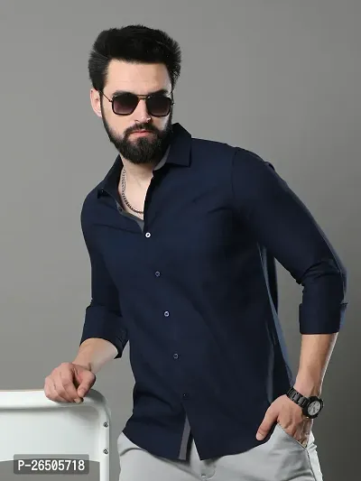 Stylish Navy Blue Cotton Long Sleeve Solid Regular Fit Formal Shirt For Men-thumb0