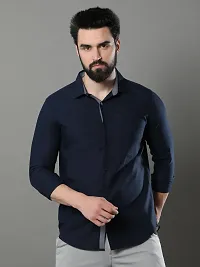 Stylish Navy Blue Cotton Long Sleeve Solid Regular Fit Formal Shirt For Men-thumb1