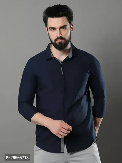 Stylish Navy Blue Cotton Long Sleeve Solid Regular Fit Formal Shirt For Men-thumb2