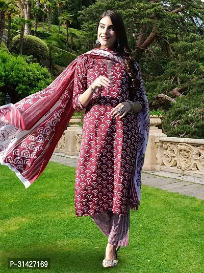 Stylish Maroon Cotton Blend Printed Kurta, Bottom and Dupatta Set For Women-thumb4