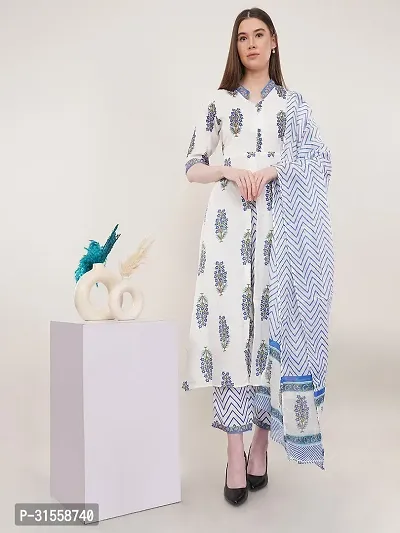 Stylish White Viscose Rayon Printed Kurta, Bottom and Dupatta Set For Women