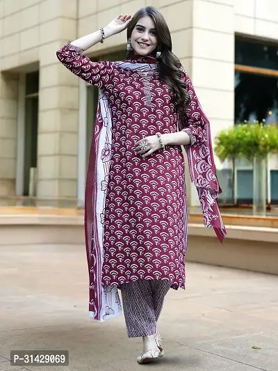 Stylish Maroon Cotton Blend Printed Kurta, Bottom and Dupatta Set For Women-thumb3