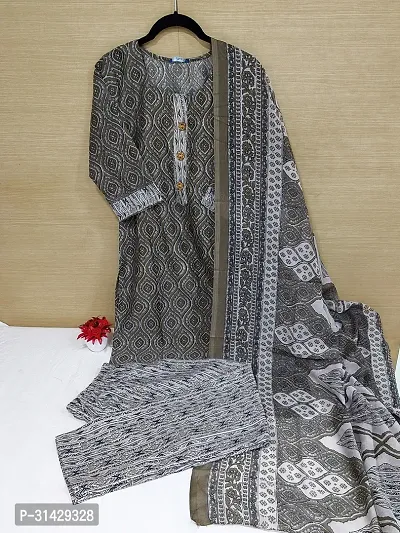 Stylish Grey Melange Cotton Blend Printed Kurta, Bottom and Dupatta Set for Women-thumb0