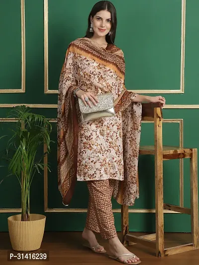 Beautiful Cotton Blend Beige Printed Kurta Pant And Dupatta Set For Women-thumb2