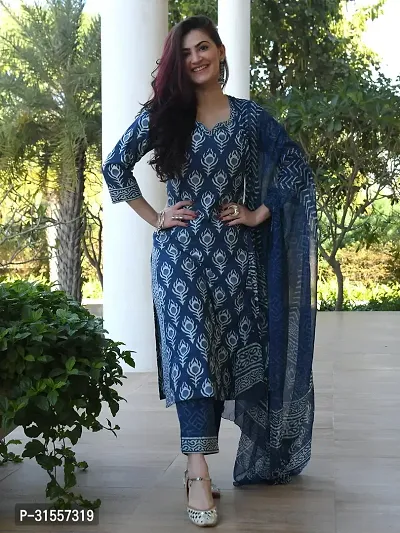 Stylish Blue Viscose Rayon Printed Kurta, Bottom and Dupatta Set For Women-thumb3