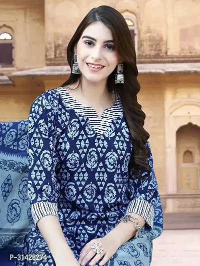 Attractive Navy Blue Printed Cotton Blend Kurta Pant With Dupatta For Women-thumb2