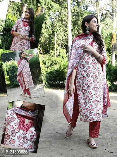 Beautiful Cotton Blend Printed Kurta Pant And Dupatta Set For Women-thumb0