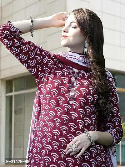 Stylish Maroon Cotton Blend Printed Kurta, Bottom and Dupatta Set For Women-thumb2