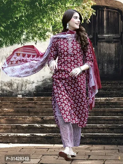 Stylish Maroon Cotton Blend Printed Kurta, Bottom and Dupatta Set For Women-thumb0