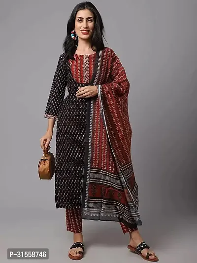 Stylish Black Viscose Rayon Printed Kurta, Bottom and Dupatta Set For Women-thumb0