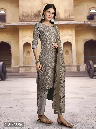 Attractive Grey Printed Cotton Blend Kurta Pant With Dupatta For Women-thumb4