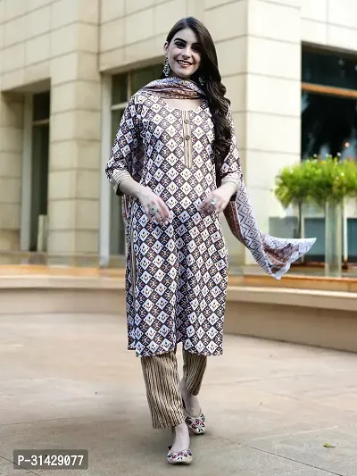 Stylish Beige Cotton Blend Printed Kurta, Bottom and Dupatta Set For Women-thumb0