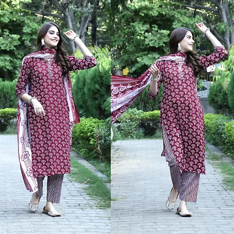 Stylish Viscose Rayon Printed Kurta Bottom Dupatta Set