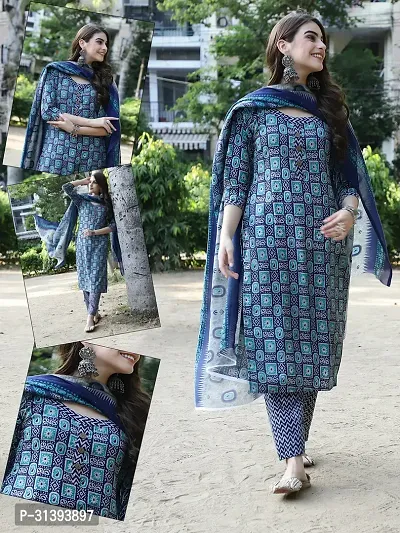 Beautiful Cotton Blend Printed Kurta Pant And Dupatta Set For Women-thumb0