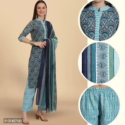 Stylish Teal Cotton Blend Printed Kurta, Bottom and Dupatta Set For Women-thumb0