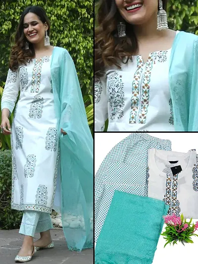 Stylish Cotton Blend Kurta, Bottom And Dupatta Set For Women