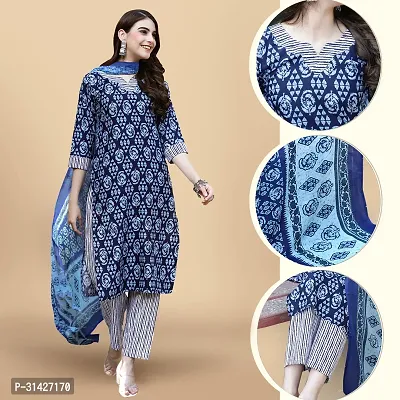 Stylish Navy Blue Cotton Blend Printed Kurta, Bottom and Dupatta Set For Women-thumb0