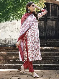 Stylish Red Cotton Blend Printed Kurta, Bottom and Dupatta Set For Women-thumb1