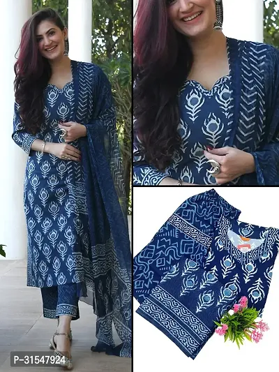 Trendy Blue Printed Viscose Rayon Kurta Pant With Dupatta For Women-thumb0