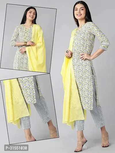 Stylish Yellow Floral Printed Kurta, Bottom and Dupatta Set For Women-thumb0