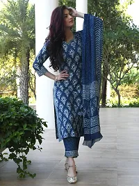 Elegant Blue Cotton Blend Block Print Straight Kurta, Bottom And Dupatta Set For Women-thumb3