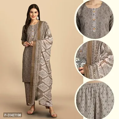 Stylish Brown Cotton Blend Printed Kurta, Bottom and Dupatta Set For Women-thumb0