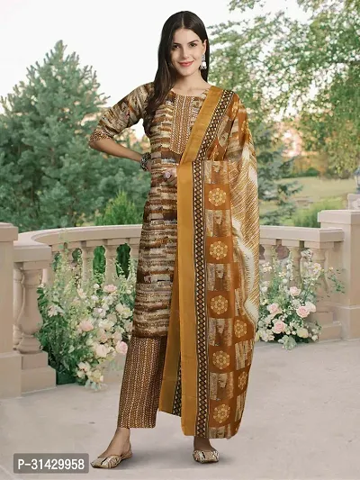 Stylish Khaki Cotton Blend Printed Kurta Bottom and Dupatta Set For Women-thumb2