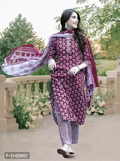 Stylish Maroon Cotton Blend Printed Kurta Bottom and Dupatta Set For Women-thumb0